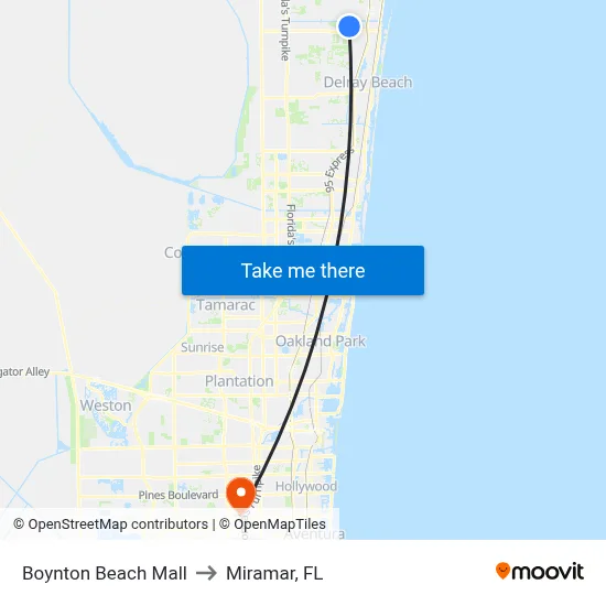 Boynton Beach Mall to Miramar, FL map