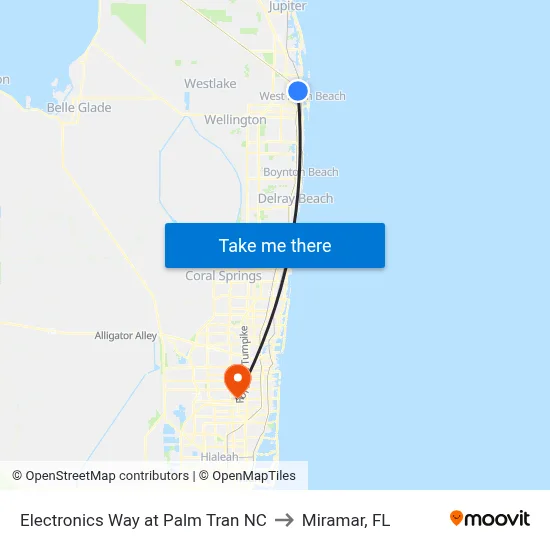 Electronics Way at Palm Tran NC to Miramar, FL map
