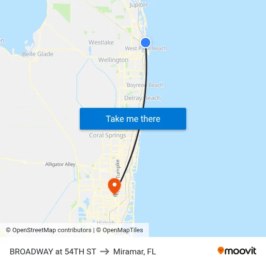 BROADWAY at 54TH ST to Miramar, FL map