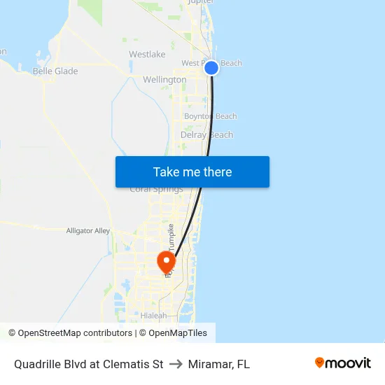 Quadrille Blvd at Clematis St to Miramar, FL map