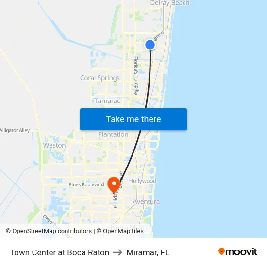 Town Center at Boca Raton to Miramar, FL map