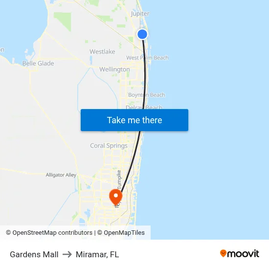 Gardens Mall to Miramar, FL map