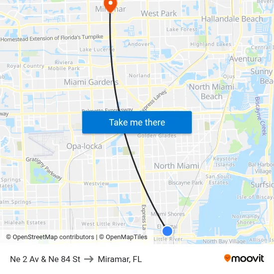 Ne 2 Av & Ne 84 St to Miramar, FL map