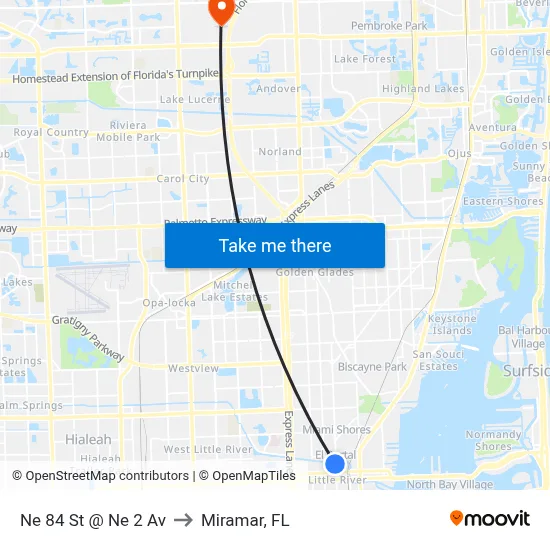 Ne 84 St @ Ne 2 Av to Miramar, FL map