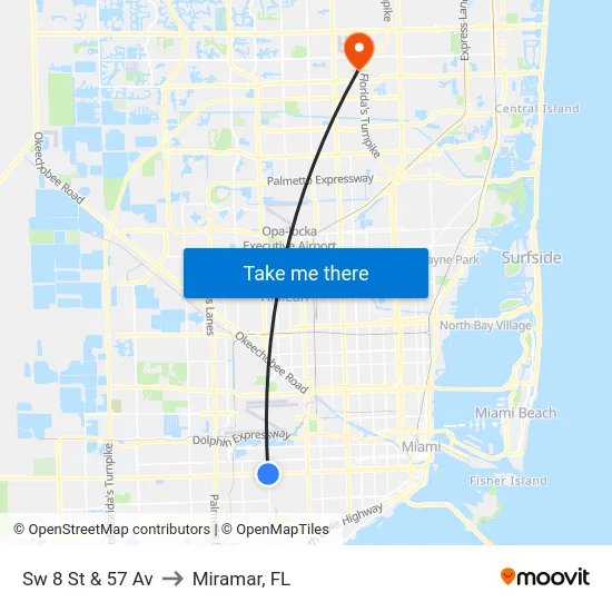 Sw 8 St & 57 Av to Miramar, FL map