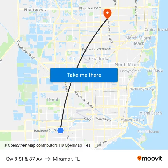 Sw 8 St & 87 Av to Miramar, FL map