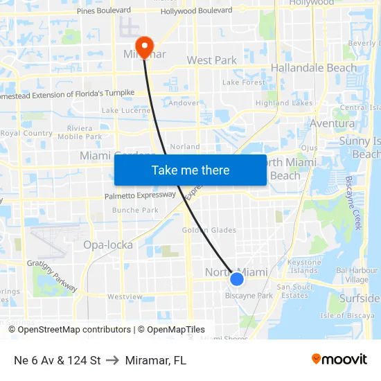 Ne 6 Av & 124 St to Miramar, FL map