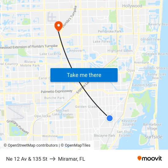 Ne 12 Av & 135 St to Miramar, FL map