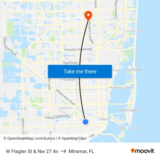 W Flagler St & Nw 27 Av to Miramar, FL map