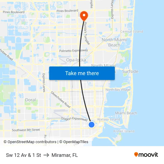 Sw 12 Av & 1 St to Miramar, FL map