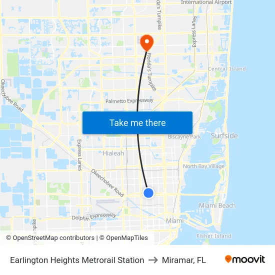 Earlington Heights Metrorail Station to Miramar, FL map