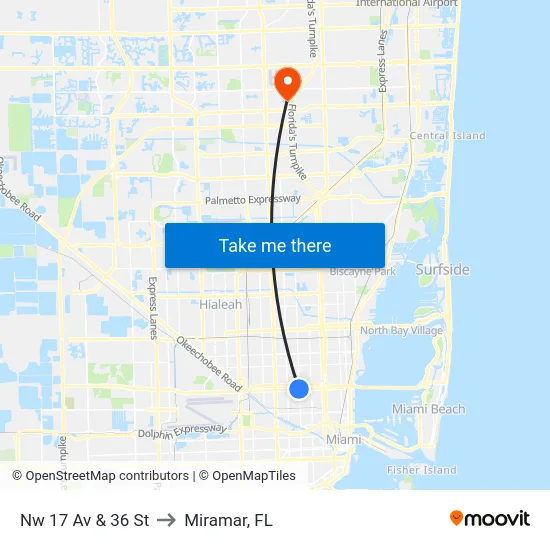 Nw 17 Av & 36 St to Miramar, FL map
