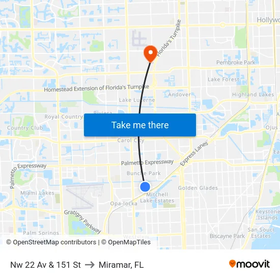 Nw 22 Av & 151 St to Miramar, FL map