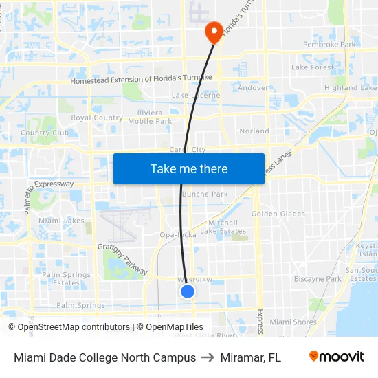 Miami Dade College North Campus to Miramar, FL map