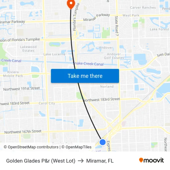 Golden Glades P&r (West Lot) to Miramar, FL map
