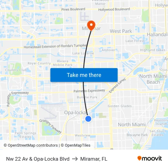 Nw 22 Av & Opa-Locka Blvd to Miramar, FL map