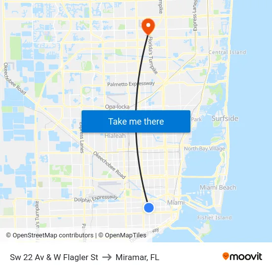 Sw 22 Av & W Flagler St to Miramar, FL map