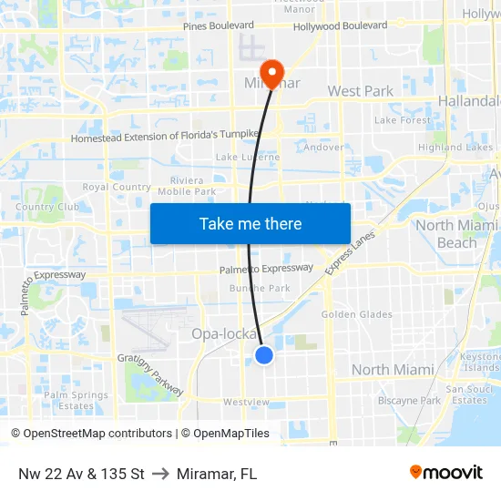 Nw 22 Av & 135 St to Miramar, FL map