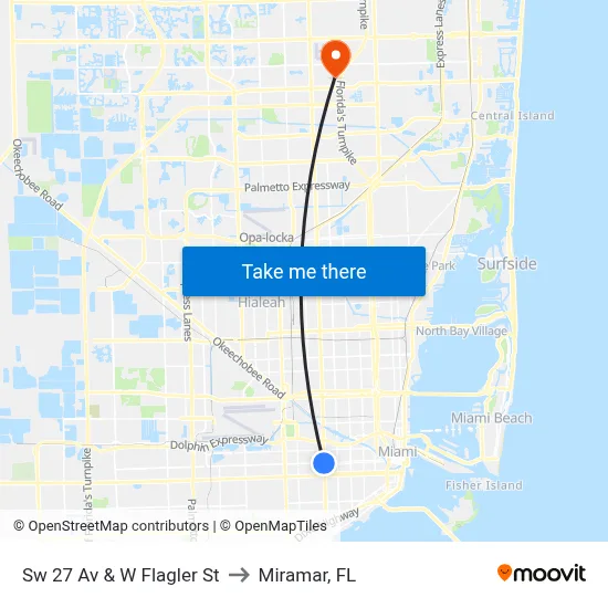 Sw 27 Av & W Flagler St to Miramar, FL map