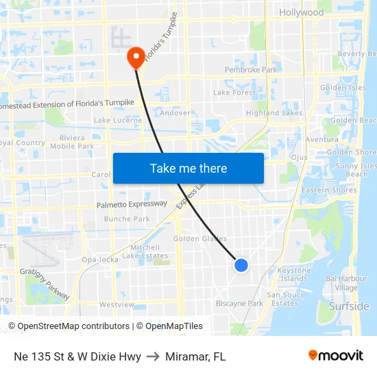 Ne 135 St & W Dixie Hwy to Miramar, FL map