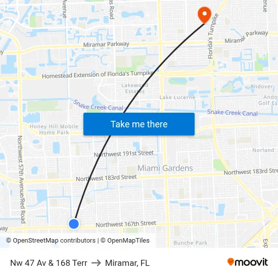 Nw 47 Av & 168 Terr to Miramar, FL map