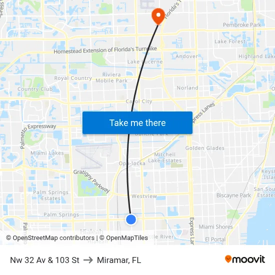 Nw 32 Av & 103 St to Miramar, FL map