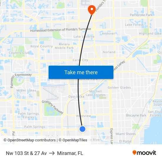 Nw 103 St & 27 Av to Miramar, FL map