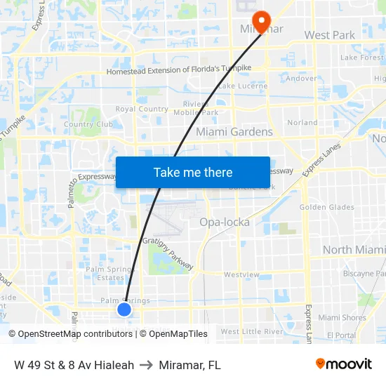 W 49 St & 8 Av Hialeah to Miramar, FL map