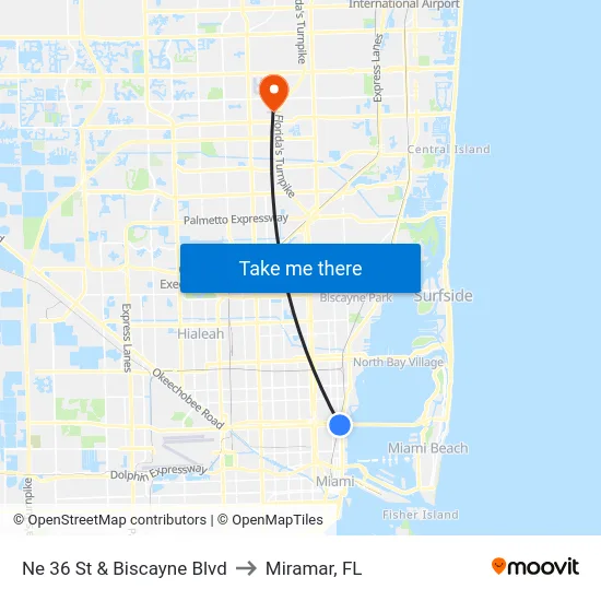 Ne 36 St & Biscayne Blvd to Miramar, FL map