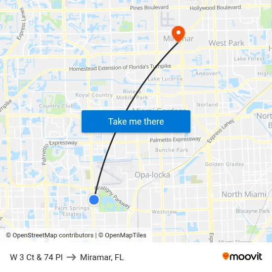 W 3 Ct & 74 Pl to Miramar, FL map