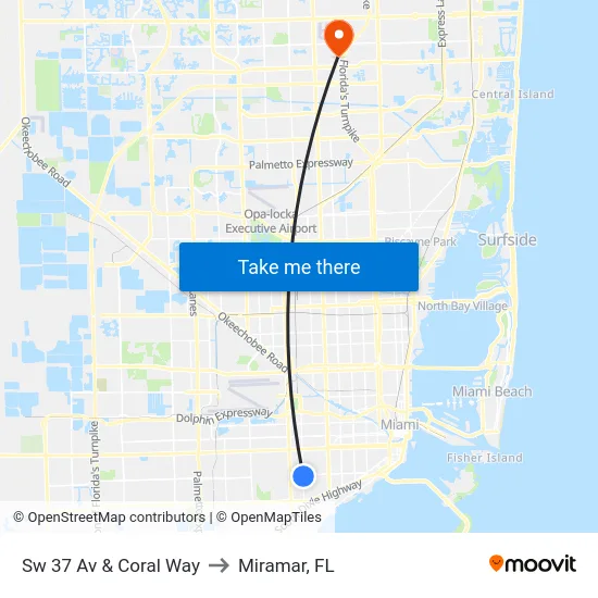 Sw 37 Av & Coral Way to Miramar, FL map