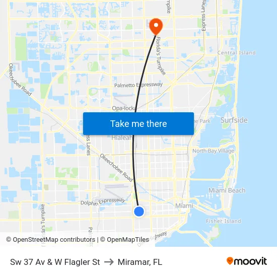 Sw 37 Av & W Flagler St to Miramar, FL map