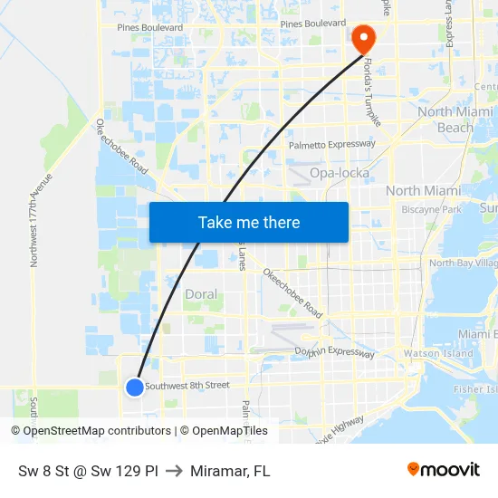 Sw 8 St @ Sw 129 Pl to Miramar, FL map