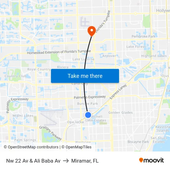Nw 22 Av & Ali Baba Av to Miramar, FL map