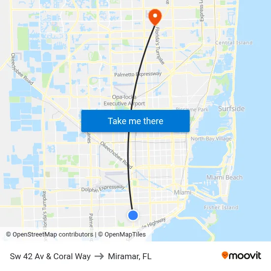 Sw 42 Av & Coral Way to Miramar, FL map