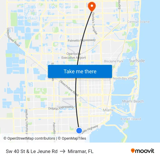 Sw 40 St & Le Jeune Rd to Miramar, FL map