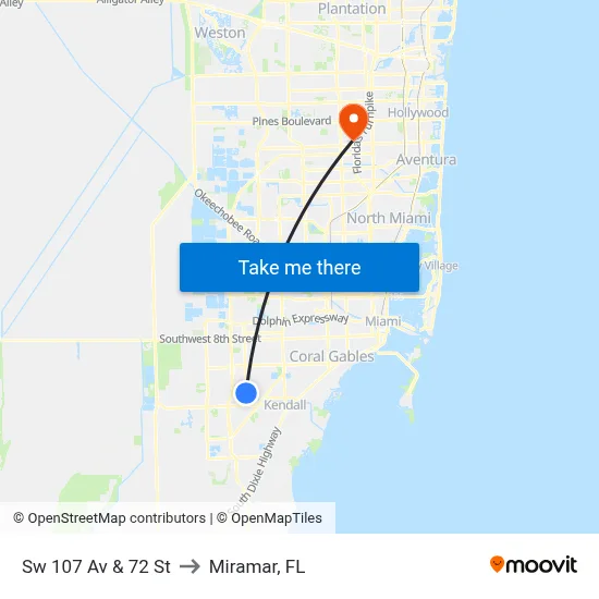 Sw 107 Av & 72 St to Miramar, FL map