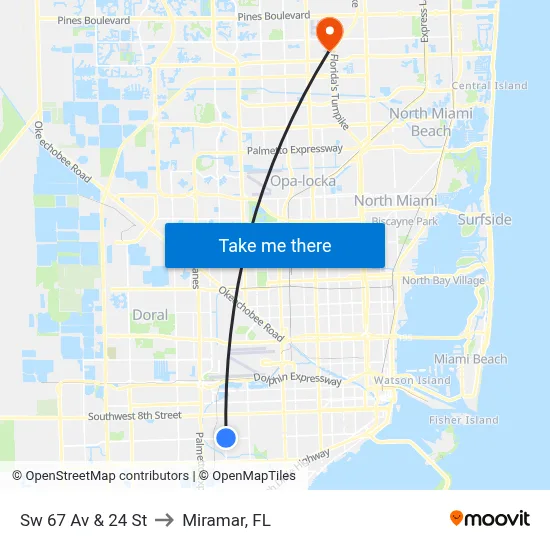 Sw 67 Av & 24 St to Miramar, FL map