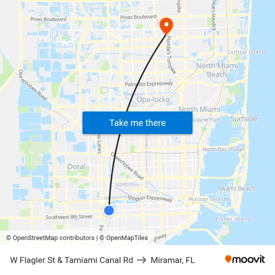 W Flagler St & Tamiami Canal Rd to Miramar, FL map