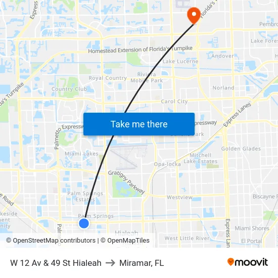 W 12 Av & 49 St Hialeah to Miramar, FL map