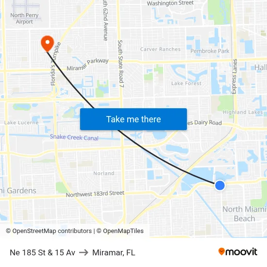 Ne 185 St & 15 Av to Miramar, FL map