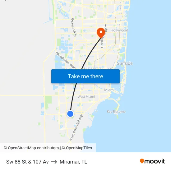 Sw 88 St & 107 Av to Miramar, FL map