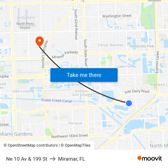 Ne 10 Av & 199 St to Miramar, FL map
