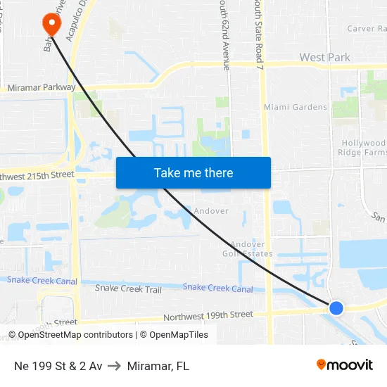 Ne 199 St & 2 Av to Miramar, FL map