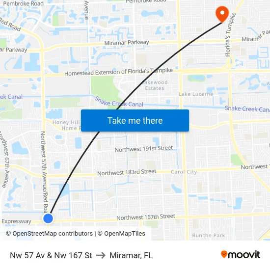 Nw 57 Av & Nw 167 St to Miramar, FL map