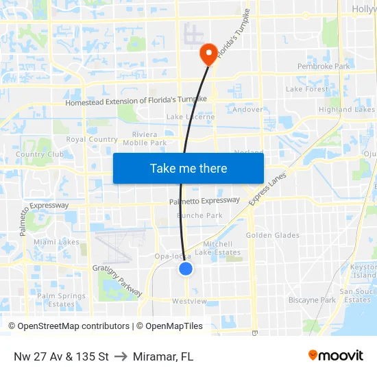 Nw 27 Av & 135 St to Miramar, FL map