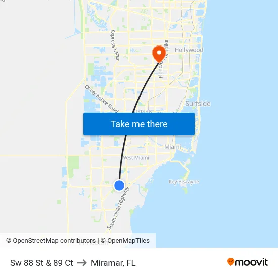 Sw 88 St & 89 Ct to Miramar, FL map