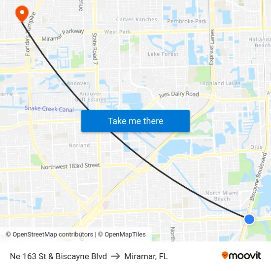 Ne 163 St & Biscayne Blvd to Miramar, FL map