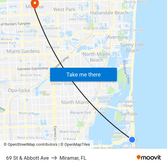69 St & Abbott Ave to Miramar, FL map
