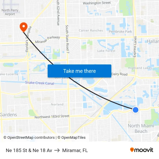 Ne 185 St & Ne 18 Av to Miramar, FL map